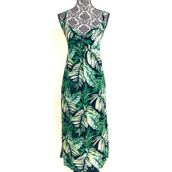 ISLAND PLANET Tropical Leaf Print Spaghetti Strap Resort Maxi Dress S - Picture 2 of 5